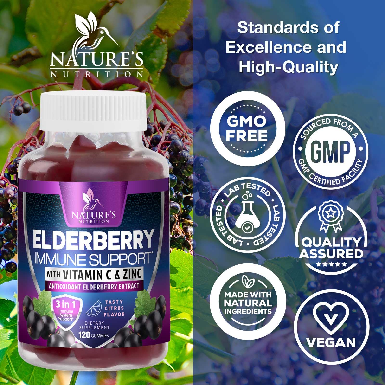 Nature's Nutrition Elderberry Gummies for kids promotes easy daily immune routine