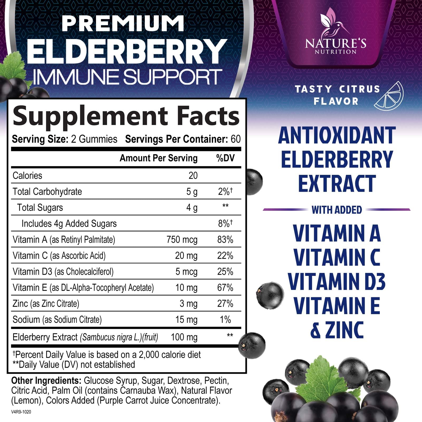 Nature's Nutrition Elderberry Gummies label close-up highlights vitamin C and zinc for immune support