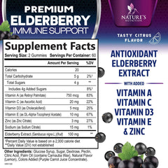 Nature's Nutrition Elderberry Gummies label close-up highlights vitamin C and zinc for immune support