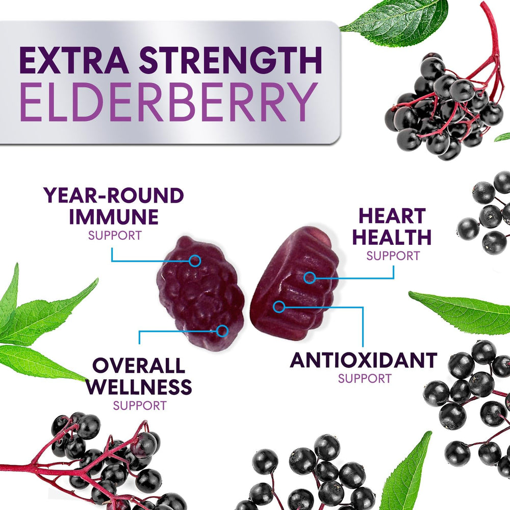 Nature's Nutrition Elderberry Gummies non-GMO and gluten-free formulation on packaging.