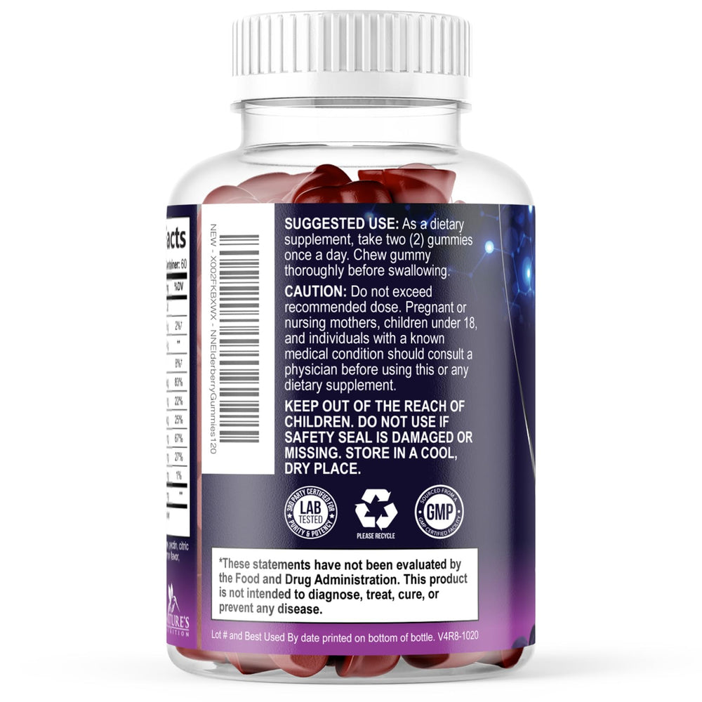 Nature's Nutrition Elderberry Gummies 120-count packaging offers convenient daily use.