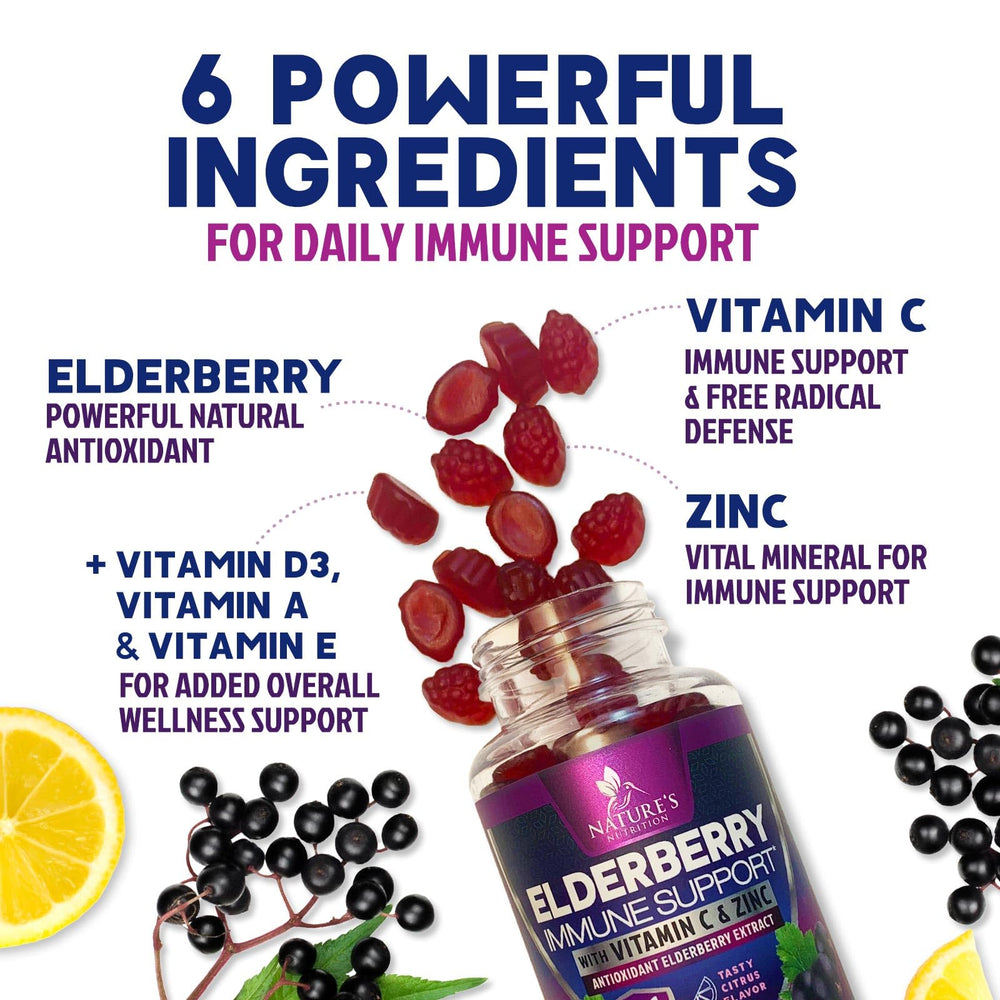 Nature's Nutrition Elderberry Gummies pouring close-up suggests grab-and-go daily wellness