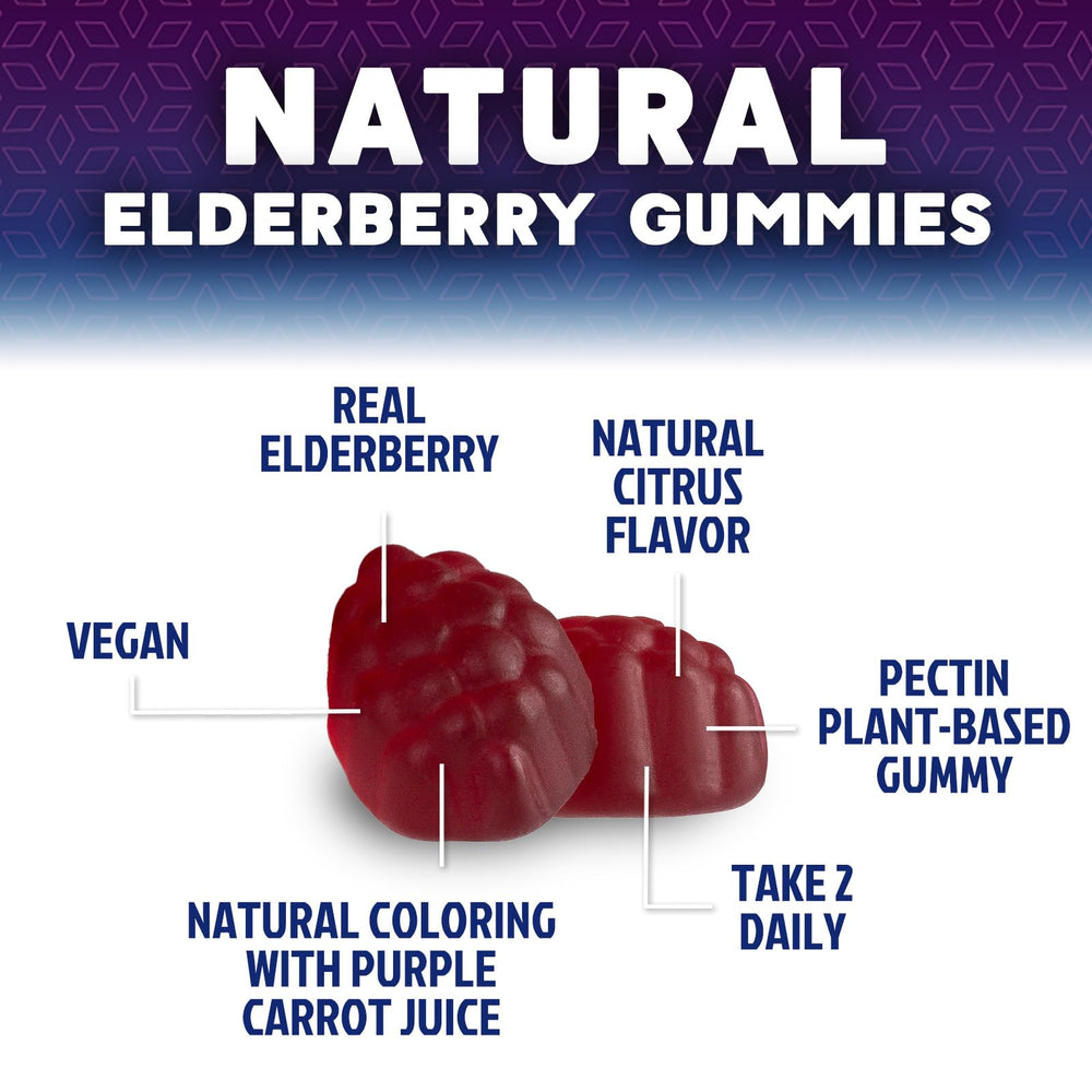 Nature's Nutrition Elderberry Gummies close-up shows chewy texture ideal for snacking