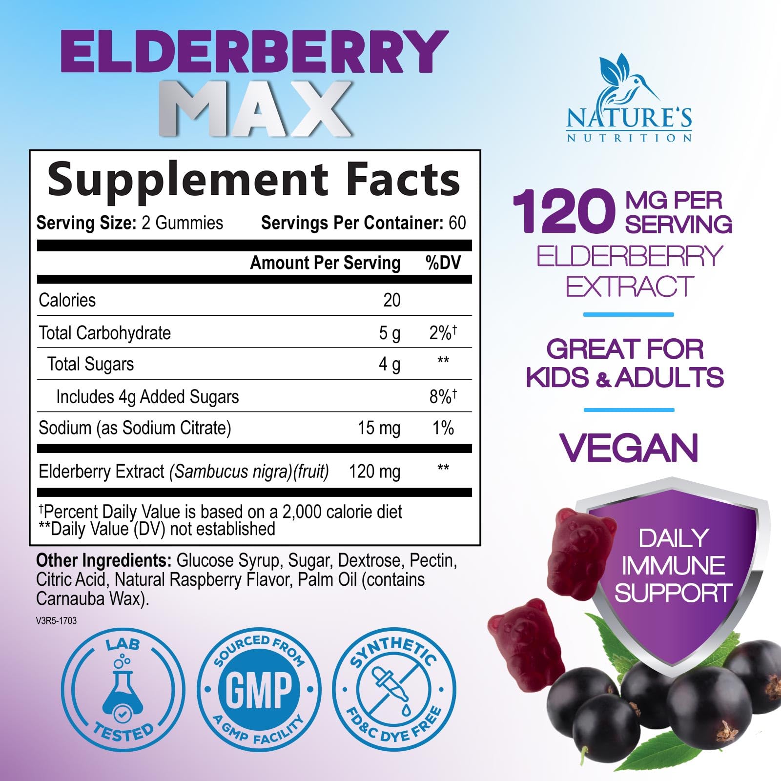 Nature's Nutrition Elderberry Gummies vegan formula in a chewable gummy.