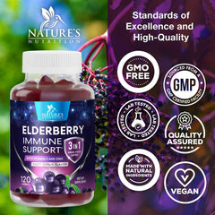 Nature's Nutrition Elderberry Gummies label highlights vitamin C and zinc for immune support.