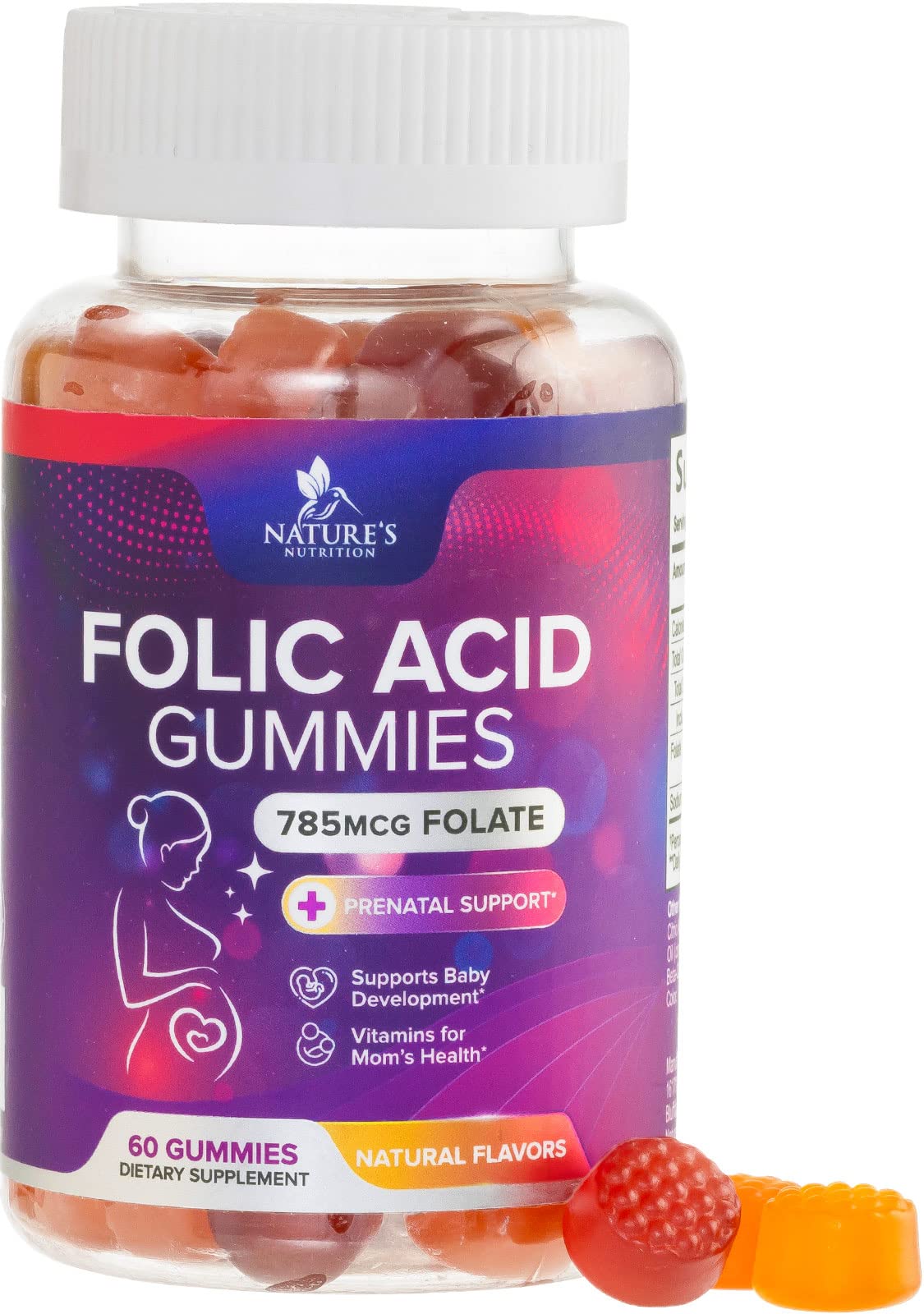Nature's Nutrition Folic Acid Gummies bottle label highlights convenient prenatal support