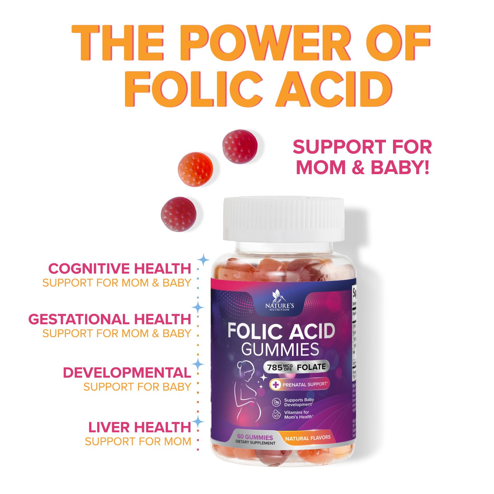 Bottle pour of Nature's Nutrition Folic Acid Gummies in mid-pour