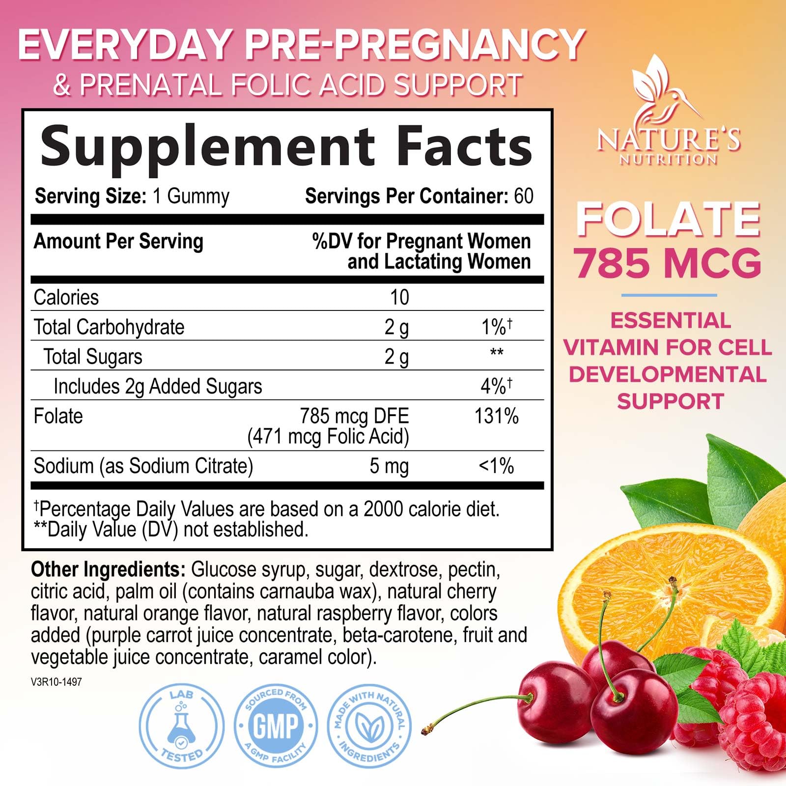 Closeup of Nature's Nutrition Folic Acid Gummies showing chewy texture and color