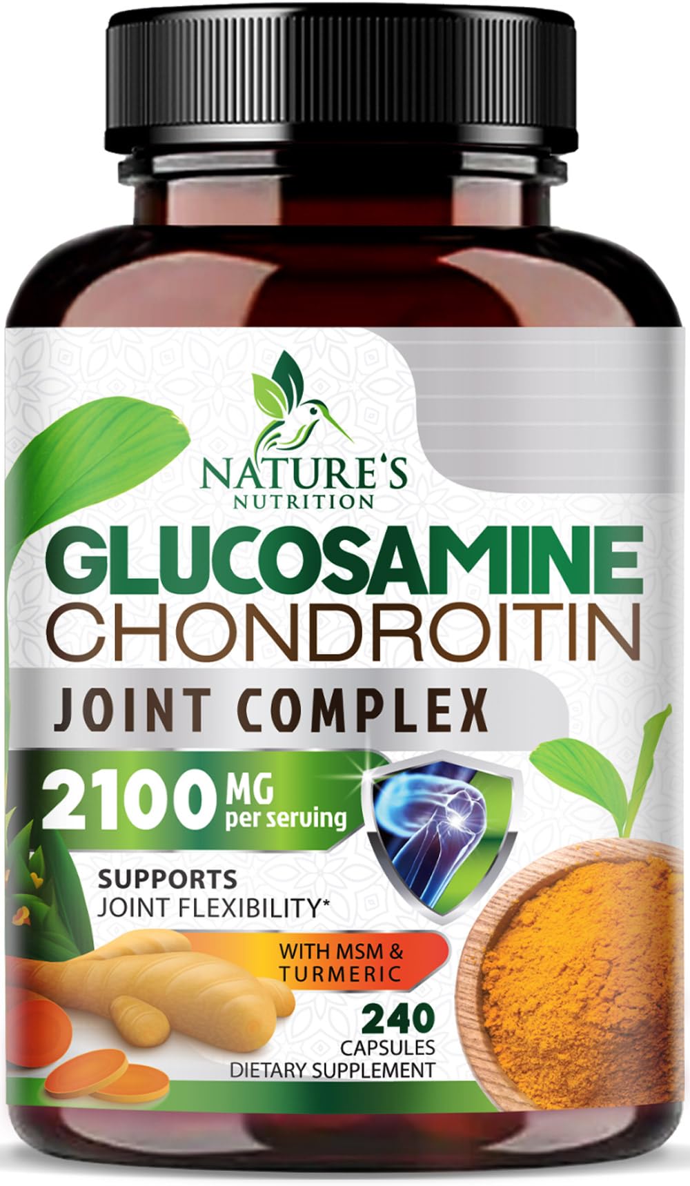 Nature's Nutrition glucosamine chondroitin MSM triple-strength bottle supports joint mobility.