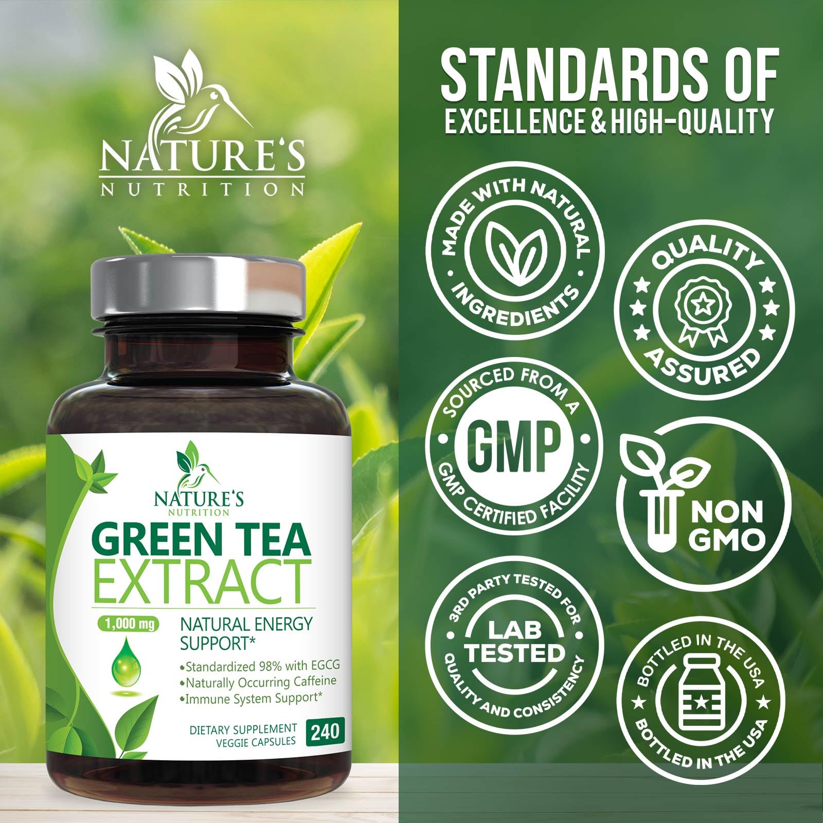Nature's Nutrition green tea extract bottle with glossy finish for everyday energy