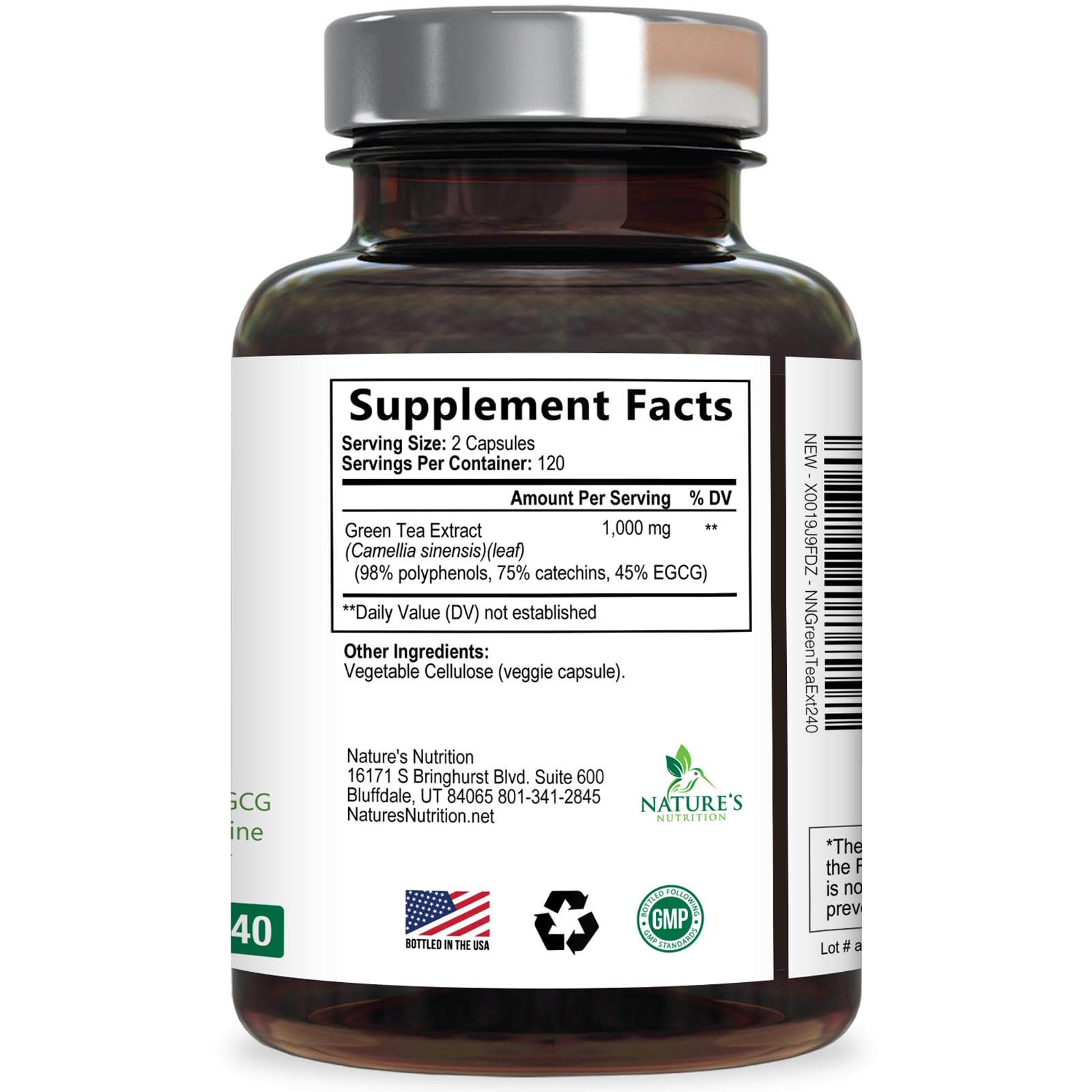 Nature's Nutrition green tea extract logo on bottle cap to reinforce brand trust