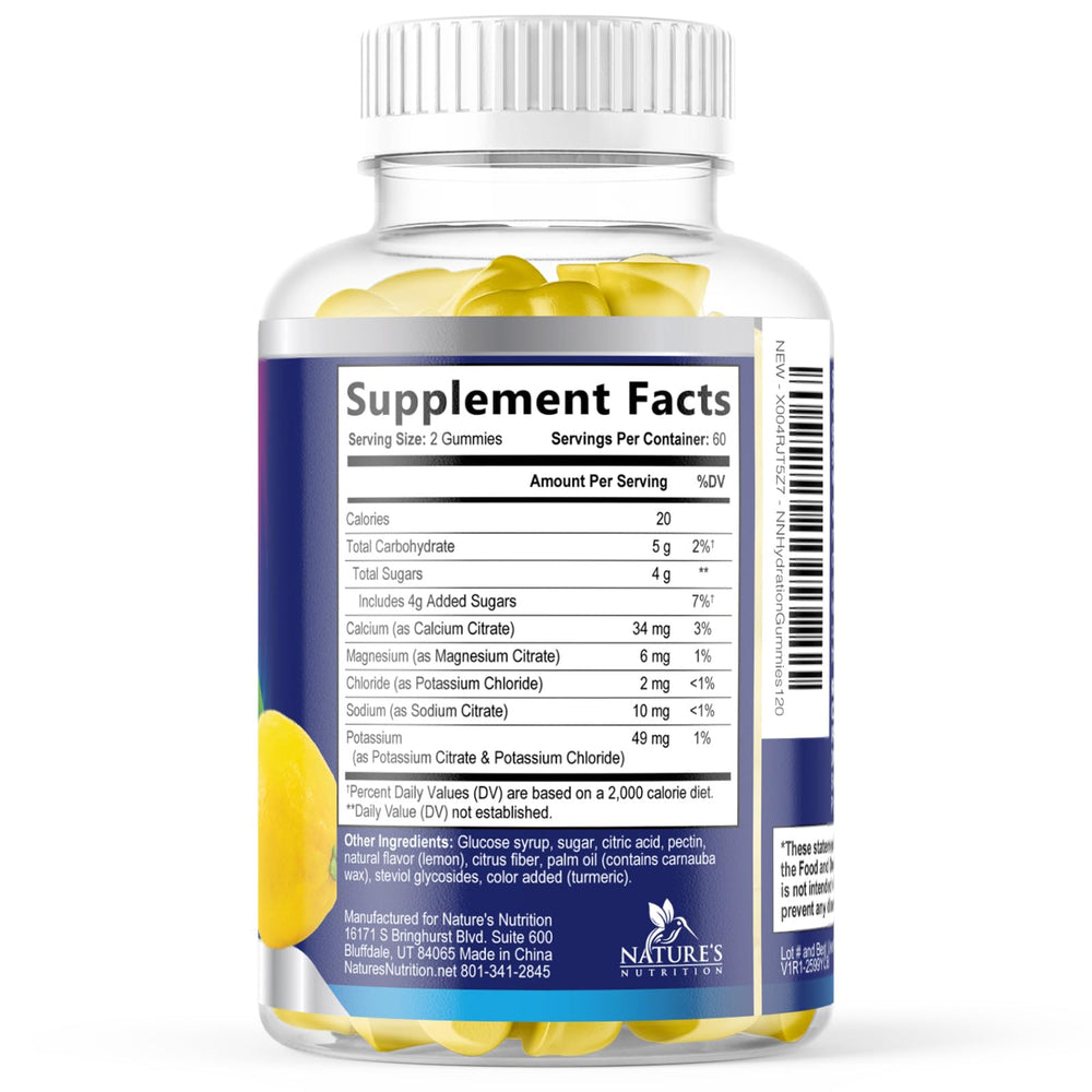 Nature's Nutrition Hydration Gummies back-of-label, transparent ingredients and usage notes.
