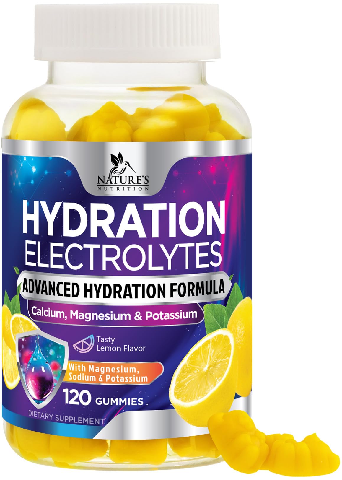 Nature's Nutrition Hydration Gummies bottle front, lemon flavor for daily hydration.
