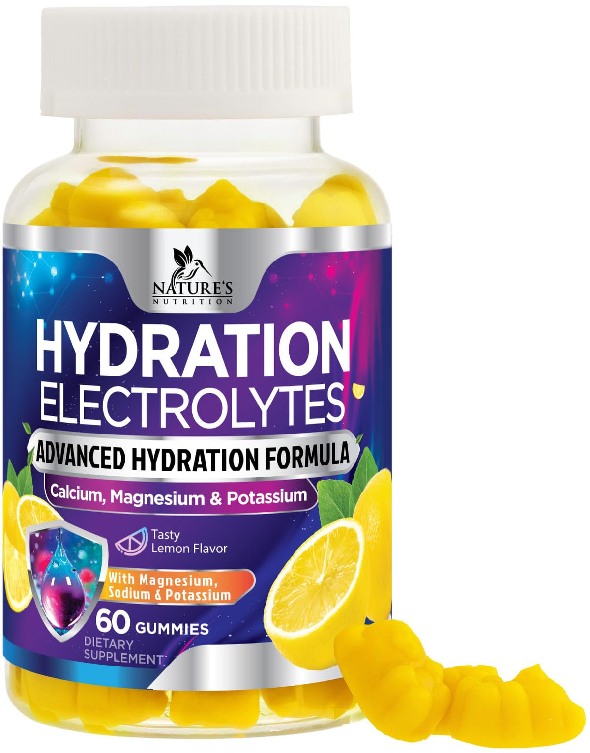 Nature's Nutrition Hydration Gummies lemon bottle for convenient daily hydration.
