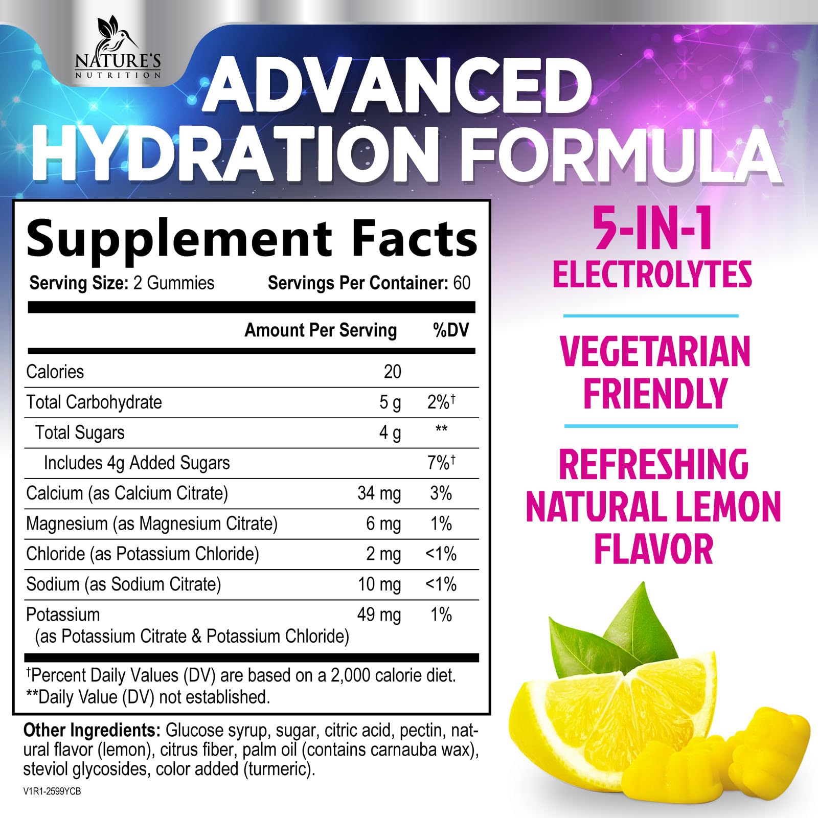 Nature's Nutrition Hydration Gummies lemon flavor, vibrant bites for on-the-go hydration.