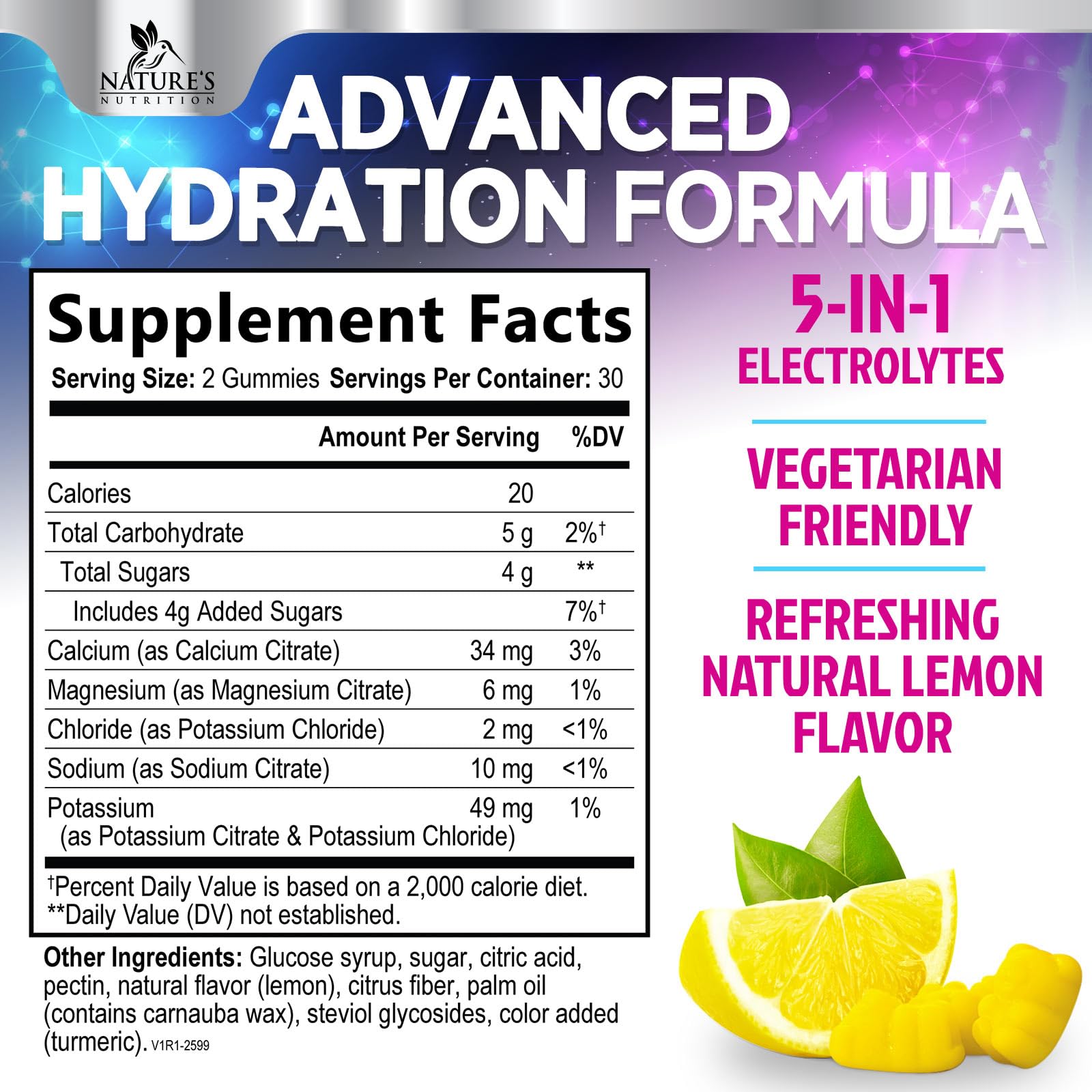 Nature's Nutrition Hydration Gummies lemon jar closeup shows tasty electrolyte support.