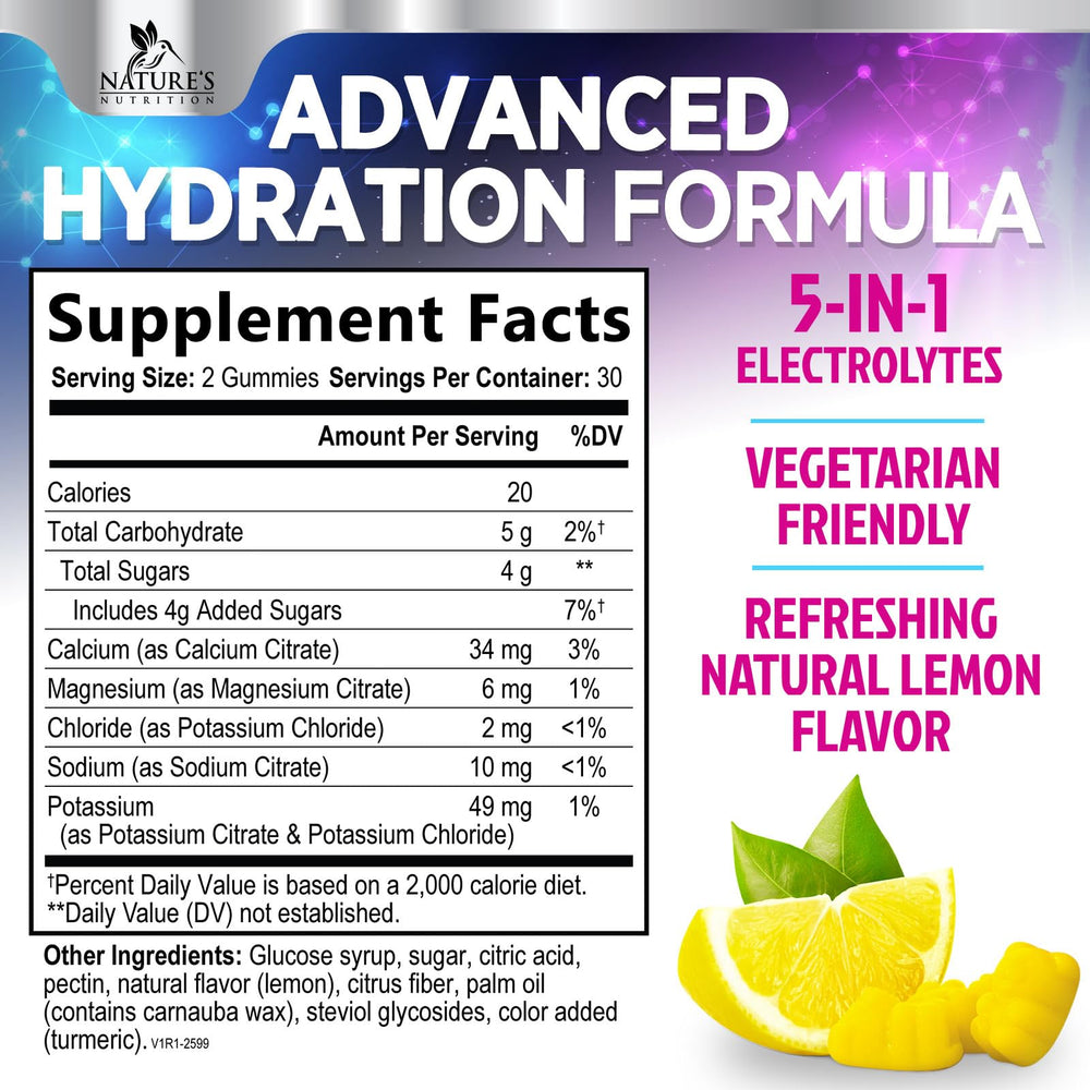 Nature's Nutrition Hydration Gummies lemon jar closeup shows tasty electrolyte support.