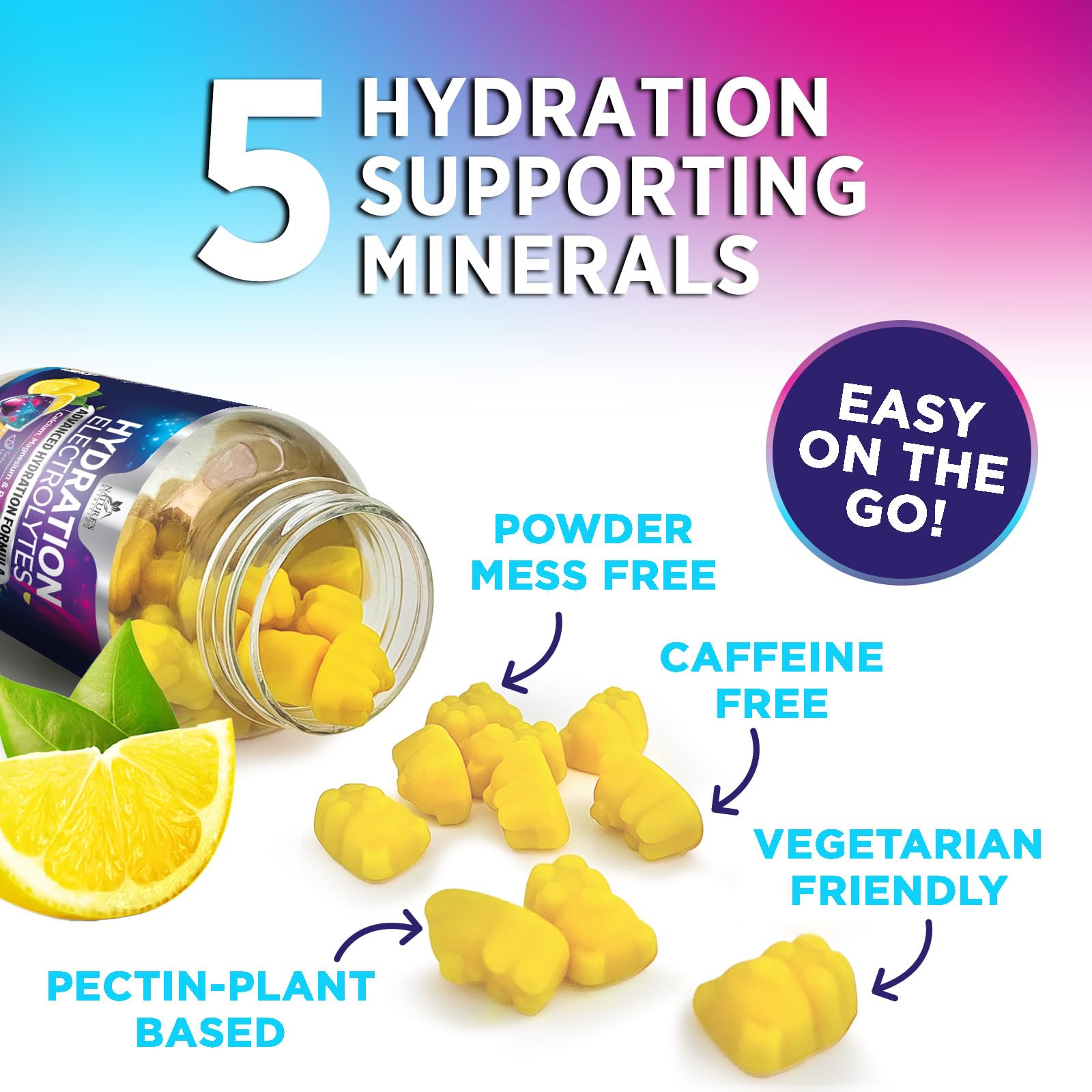 Nature's Nutrition Hydration Gummies lemon texture suggests chewy, refreshing hydration snack.