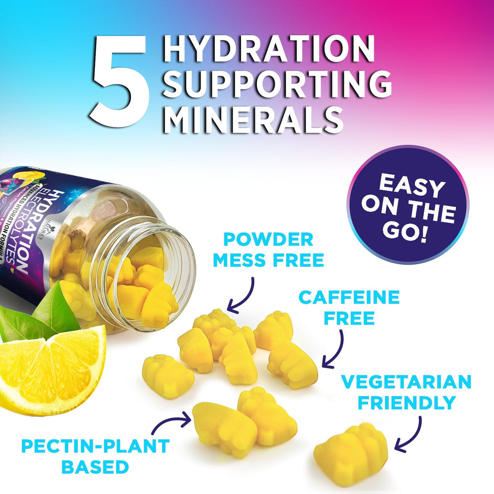 Nature's Nutrition Hydration Gummies lemon texture suggests chewy, refreshing hydration snack.