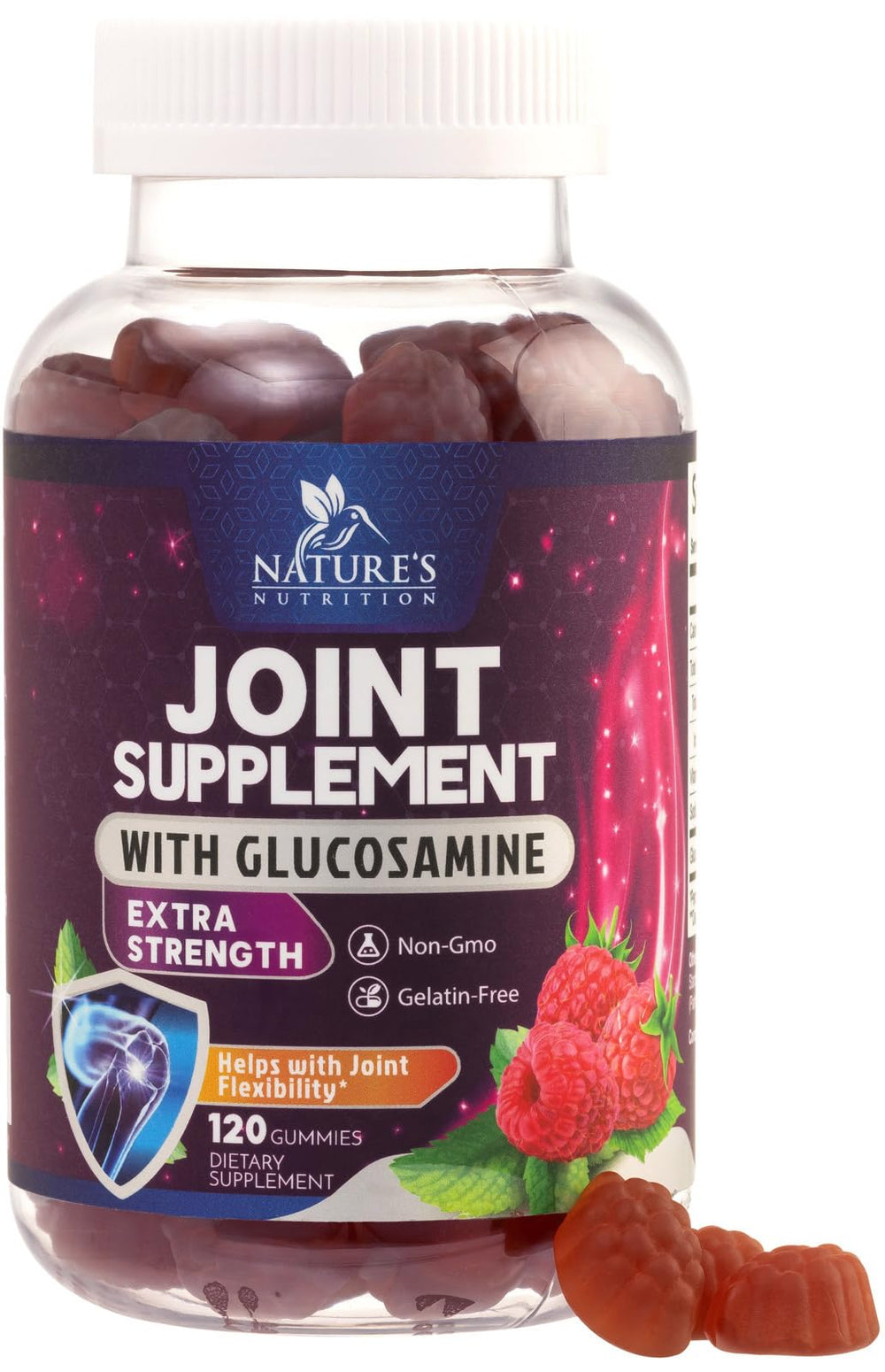Nature's Nutrition Joint Support Gummies front label highlights glucosamine for cartilage support