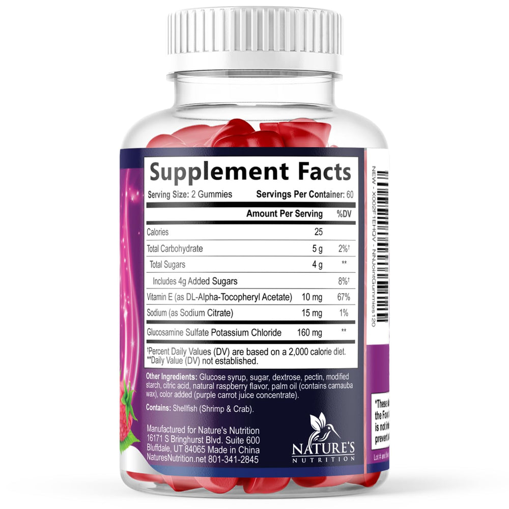 Nature's Nutrition Joint Support Gummies bottle back view highlighting product details