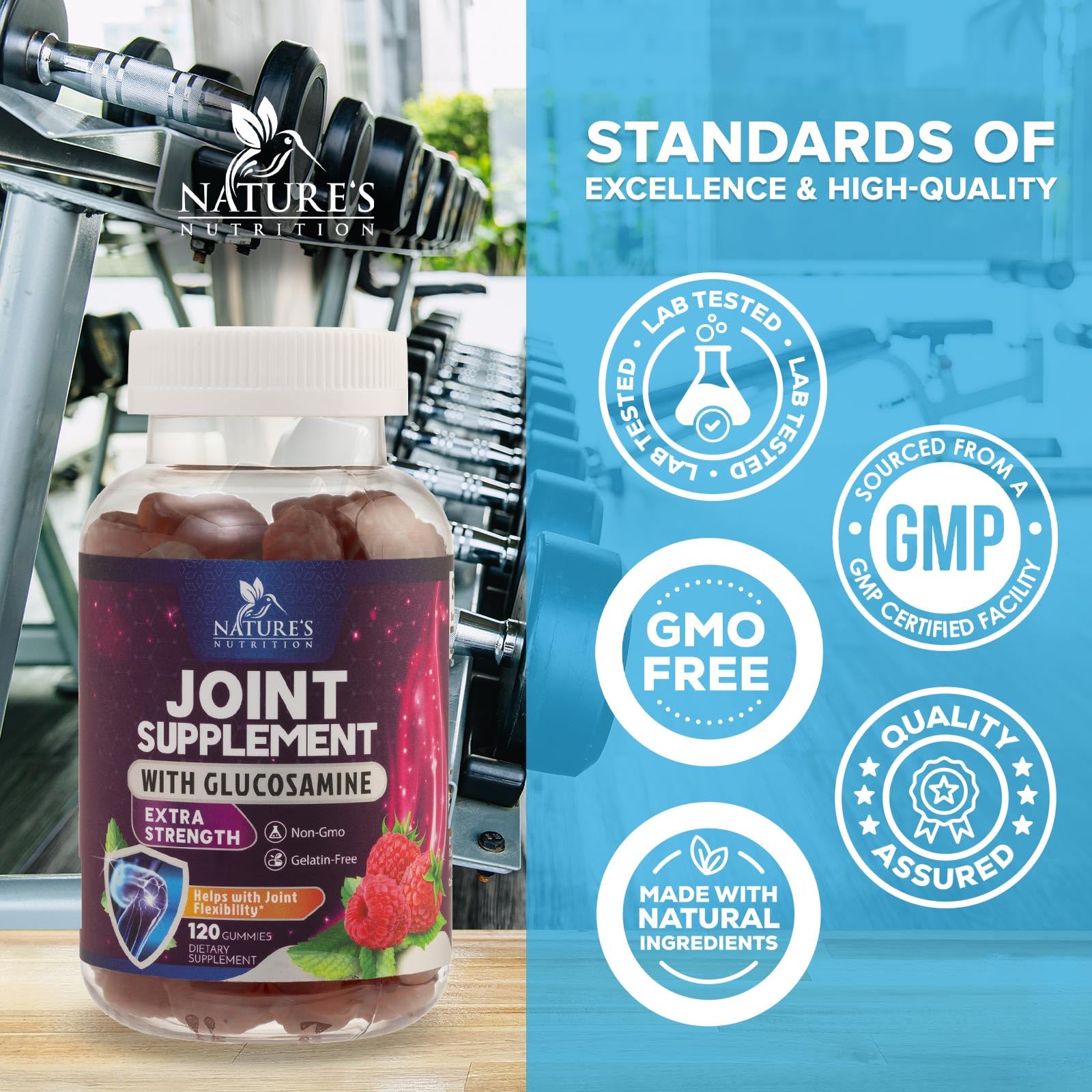Nature's Nutrition Joint Support Gummies ingredients closeup showing glucosamine for cartilage health