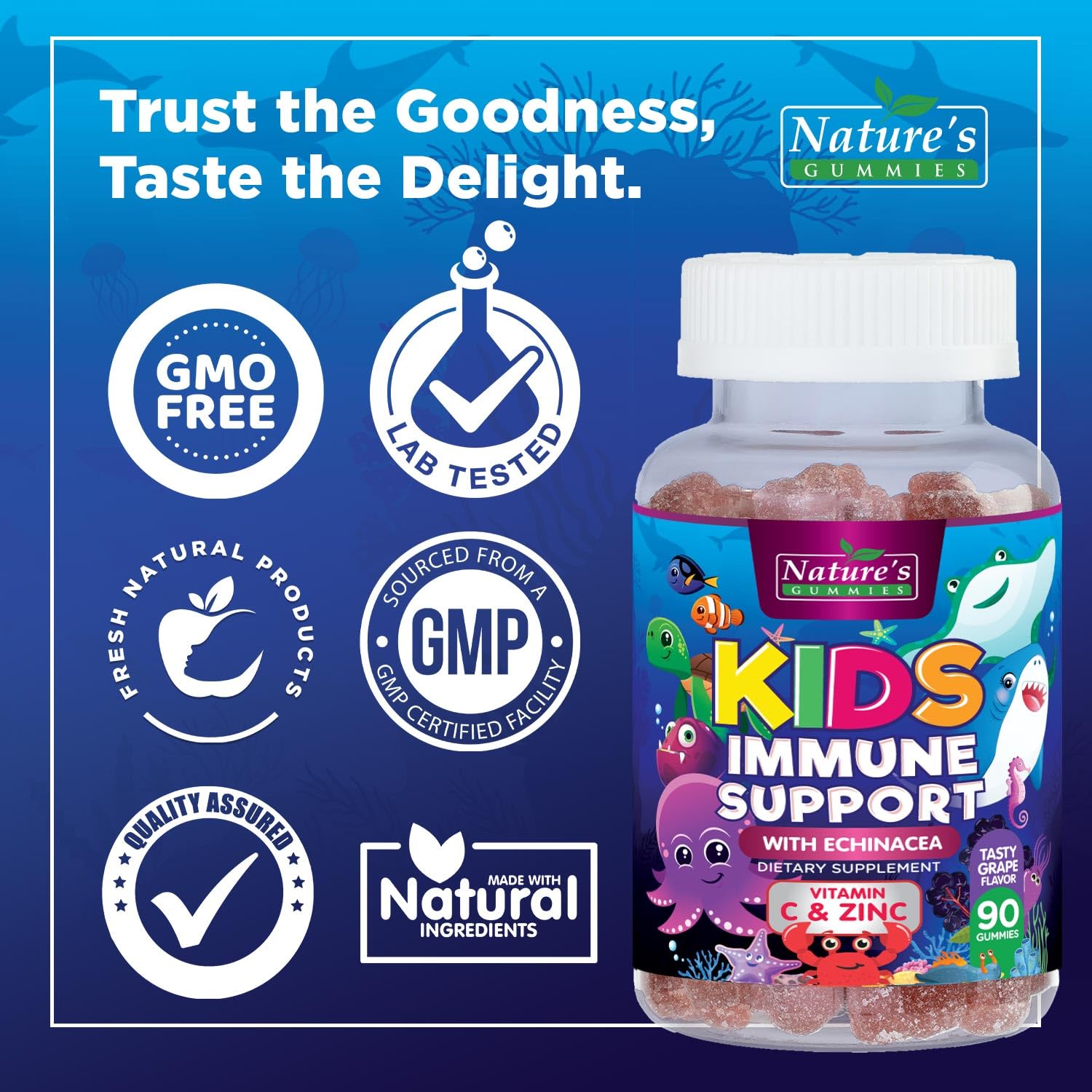 Nature's Nutrition Kids Immune Gummies bottle with glass illustrating serving idea