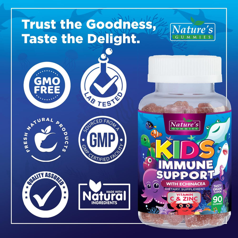 Nature's Nutrition Kids Immune Gummies bottle with glass illustrating serving idea