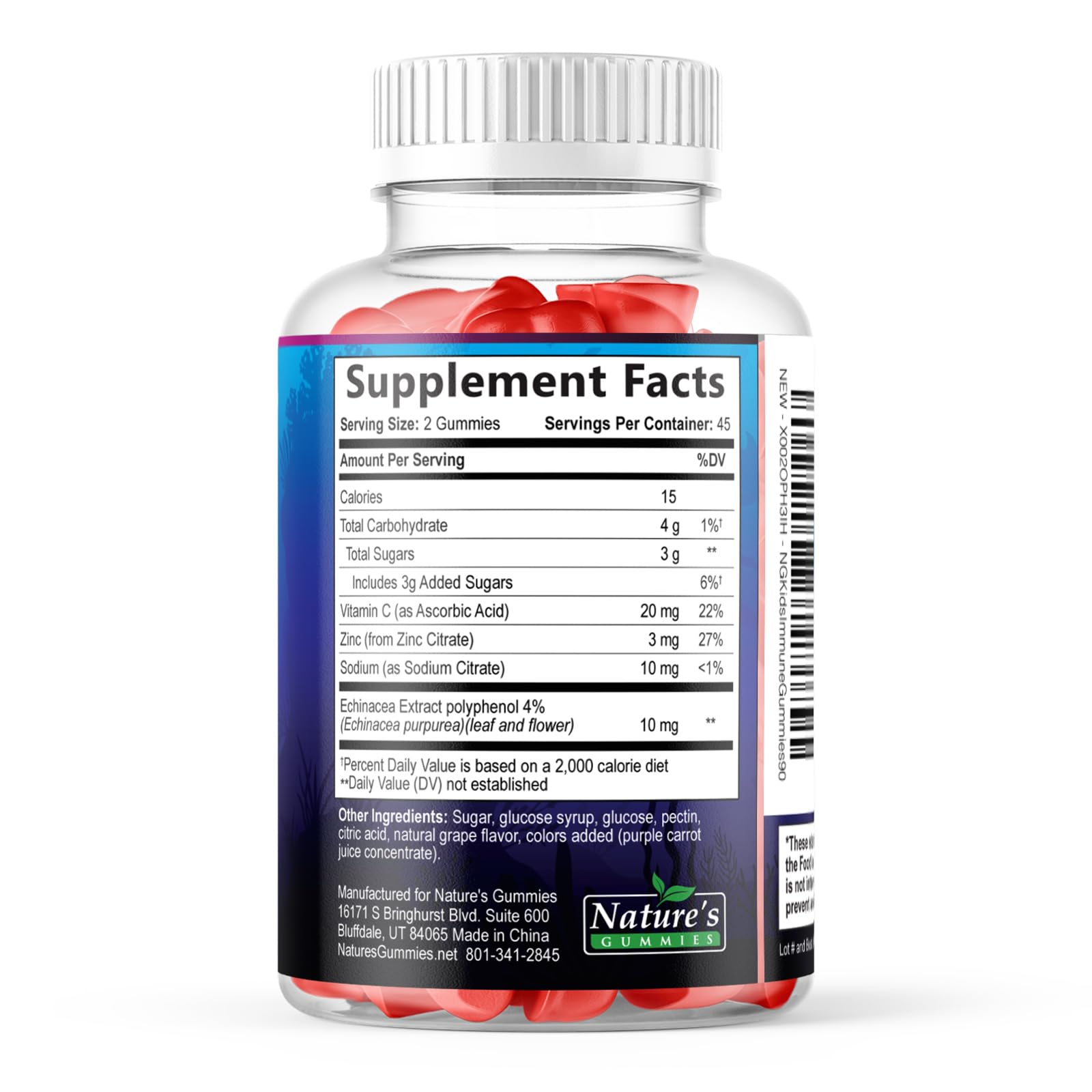 Ingredients list for Nature's Nutrition gummies showing zinc, vitamin C, and echinacea