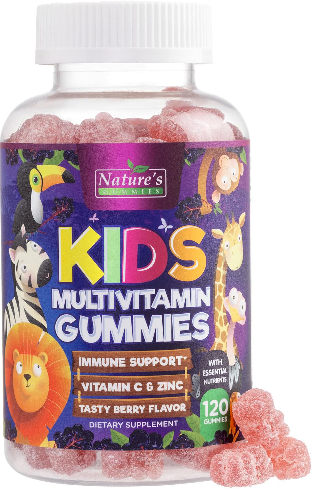 Nature's Nutrition kids multivitamin bottle highlights daily immune support and energy for growing children.
