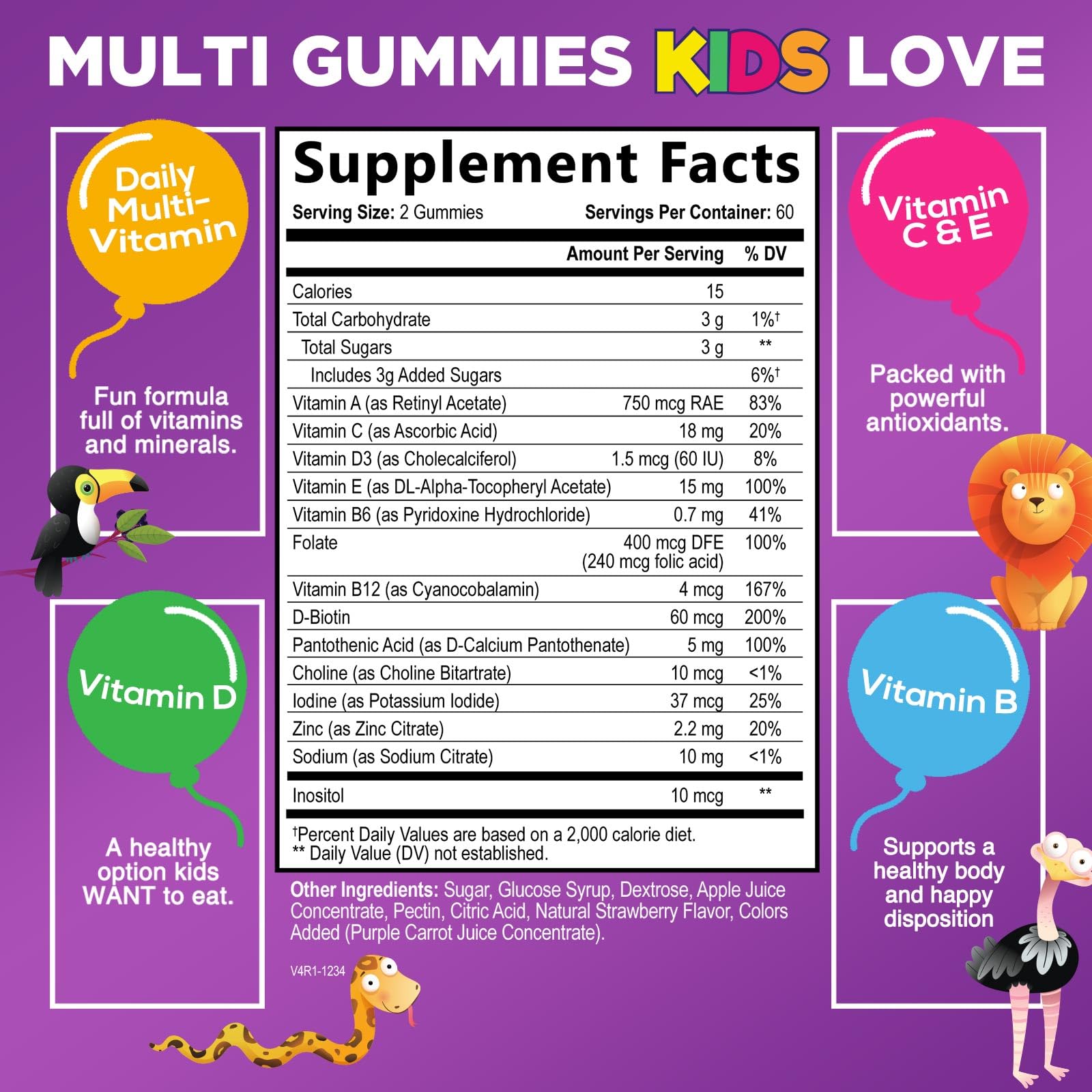 Nature's Nutrition kids multivitamin gummies close-up shows tasty berry flavor for daily use.