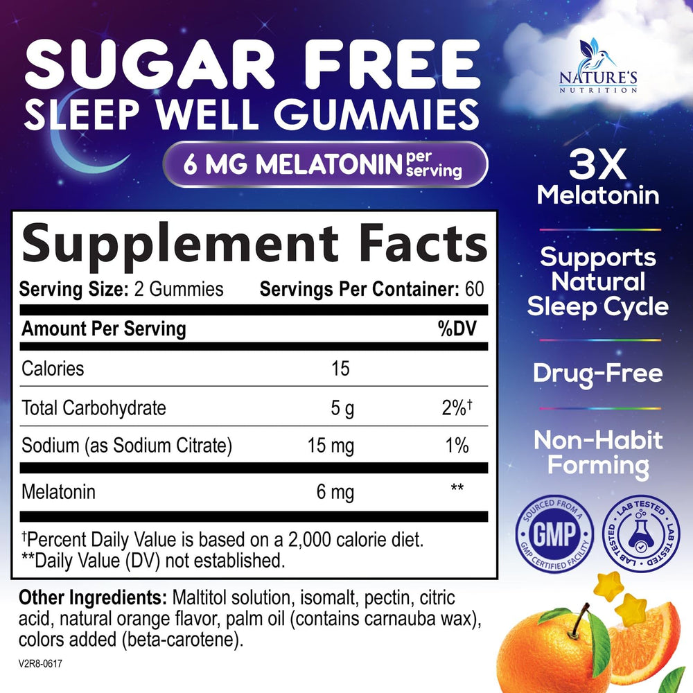 Nature's Nutrition Melatonin Sleep Gummies two gummies equal 6 mg per serving.