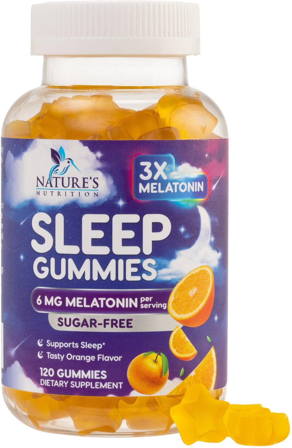 Nature's Nutrition Melatonin Sleep Gummies orange bottle promotes calm nights.