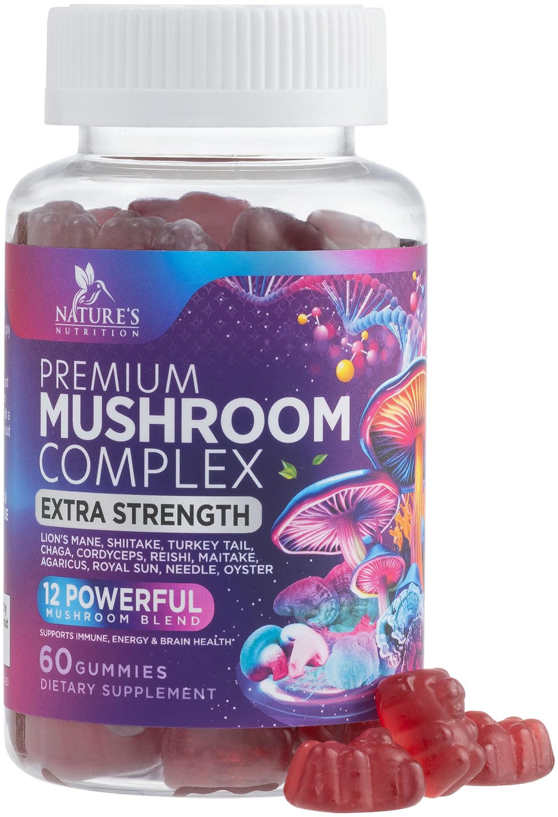 Nature's Nutrition Mushroom Gummies bottle closeup for easy daily wellness.