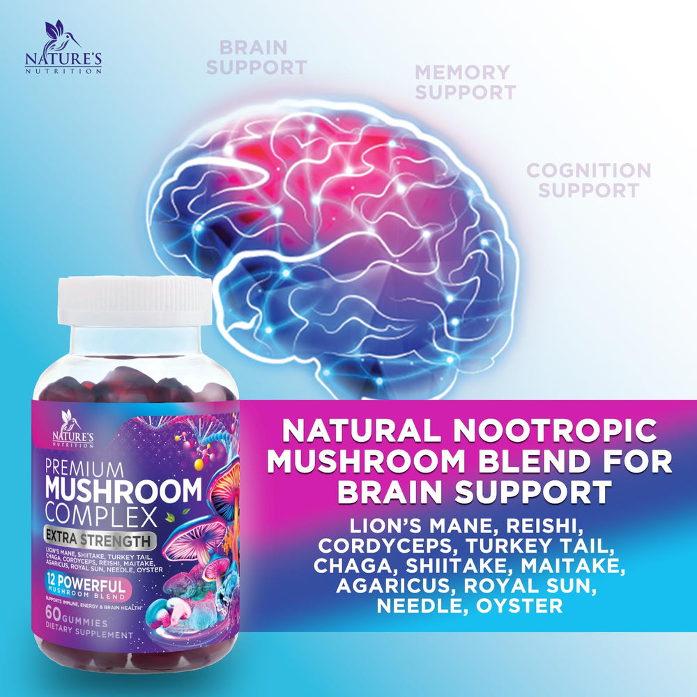 Nature's Nutrition Mushroom Gummies 12-in-1 label highlights multiple mushroom extracts.