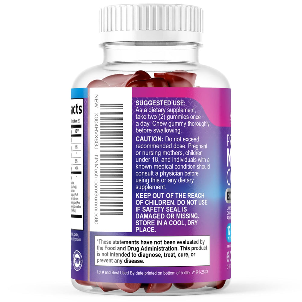 Nature's Nutrition Mushroom Gummies study-friendly setup pairing gummies with notebook.