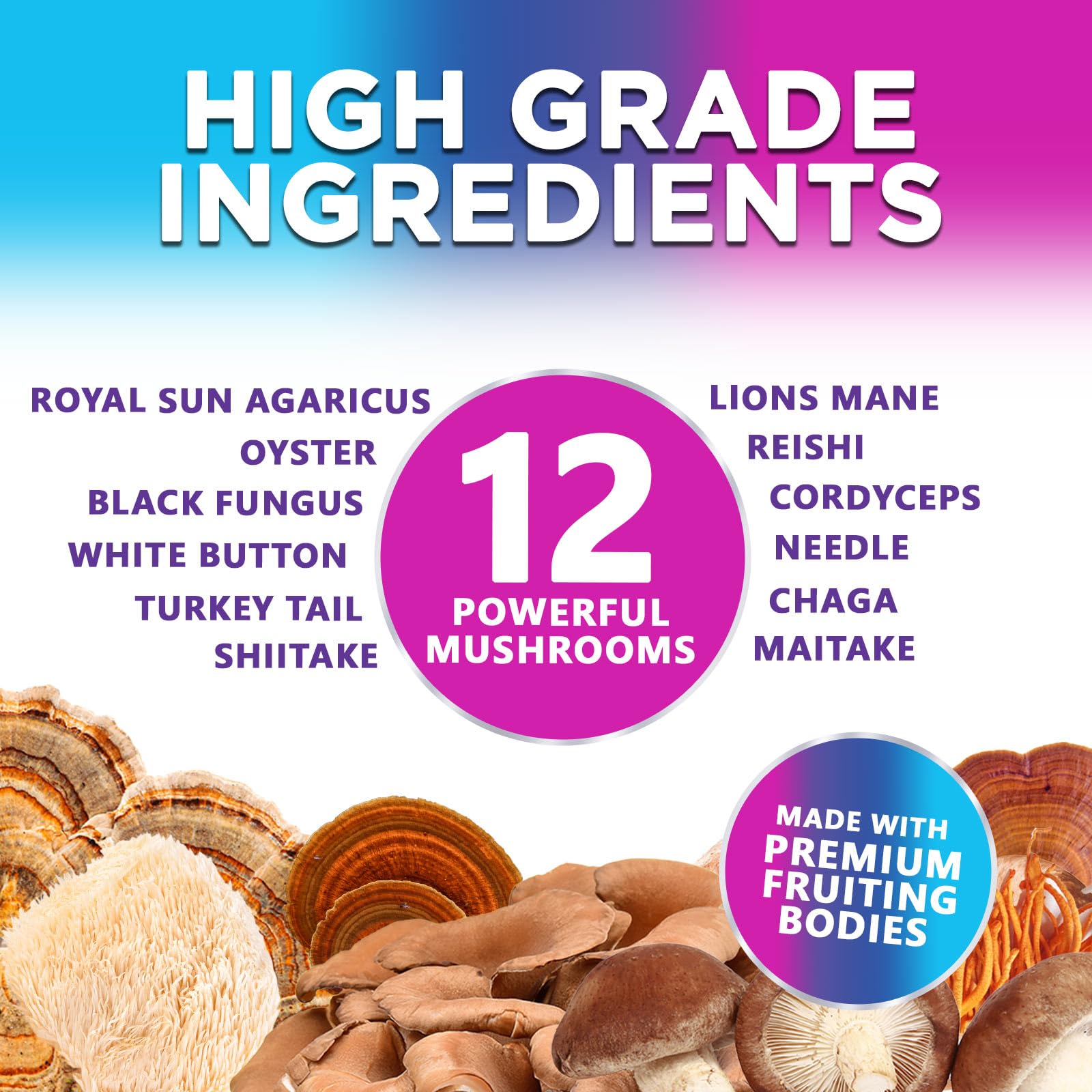 Nature's Nutrition Mushroom Gummies label detail highlighting premium blend.