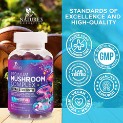 Nature's Nutrition Mushroom Gummies vegan packaging front emphasizing plant-based formula.