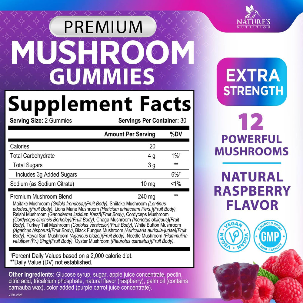 Nature's Nutrition Mushroom Gummies serving pour for on-the-go nootropic support.