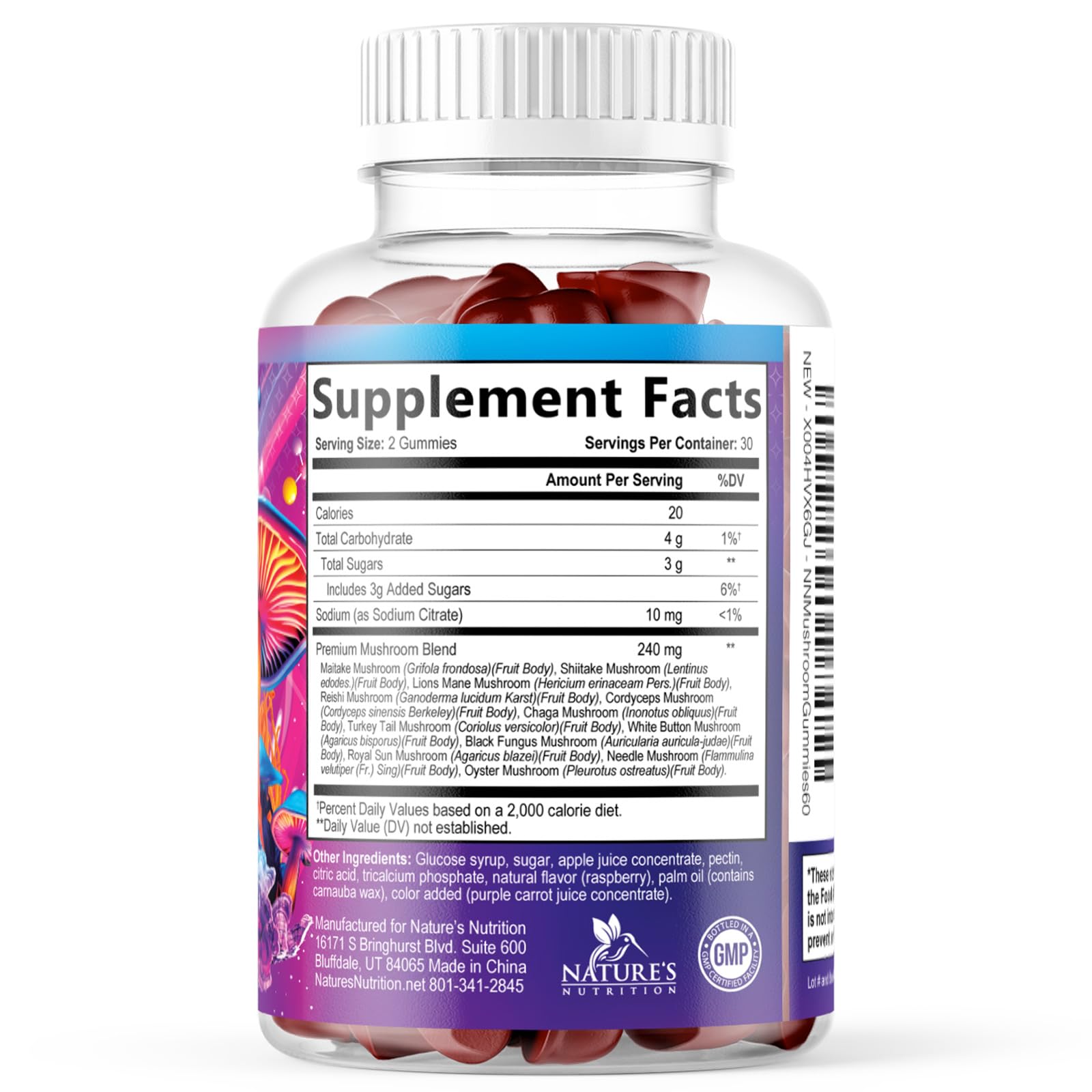Nature's Nutrition Mushroom Gummies tray display communicates convenient daily supplement routine.