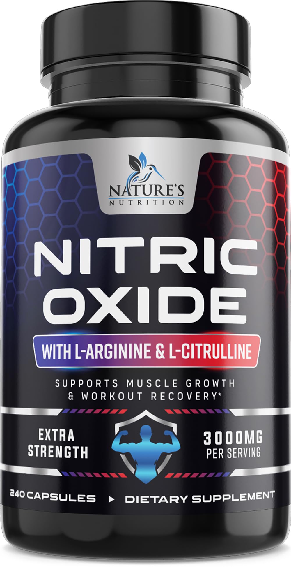 Nature's Nutrition Nitric Oxide Booster 3x Strength bottle supports workout energy.