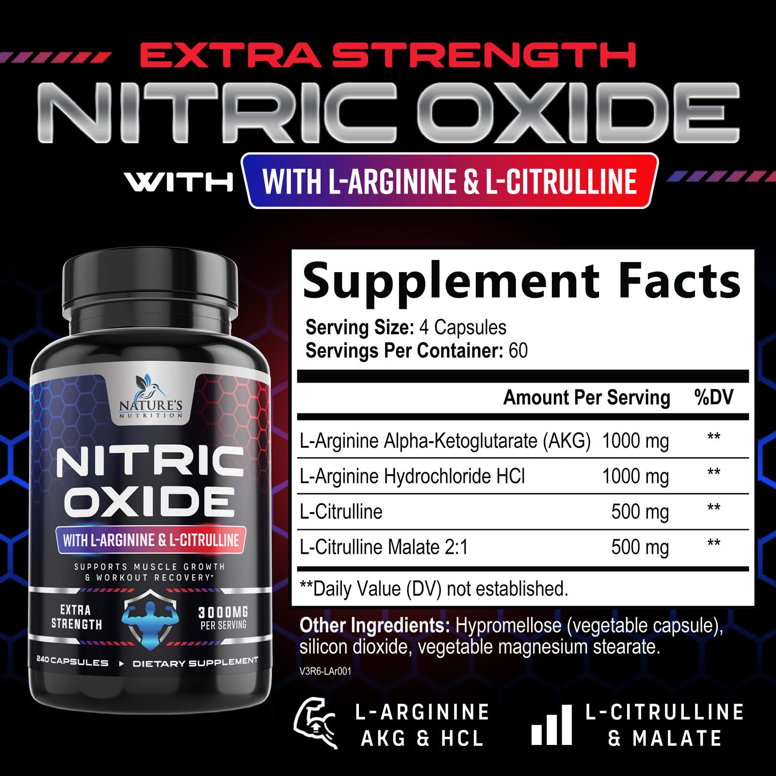 Nature's Nutrition Nitric Oxide Booster capsules closeup showing easy-to-swallow form.