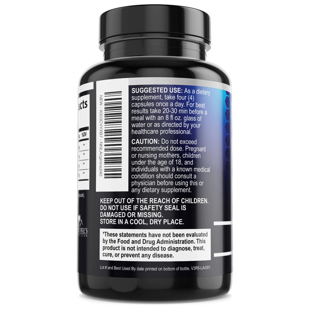 Nature's Nutrition Nitric Oxide Booster pills in a serving scene for daily use.