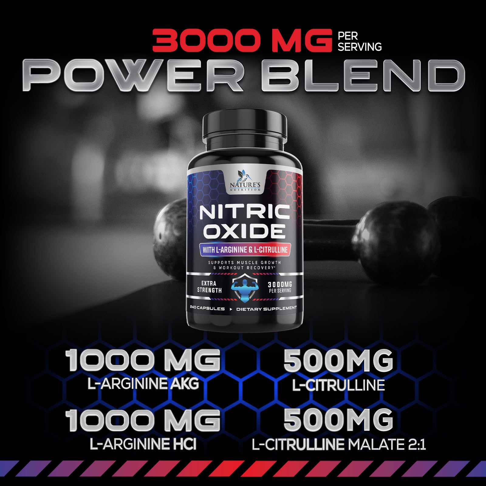 Nature's Nutrition Nitric Oxide Booster label GMP certified for trusted quality.