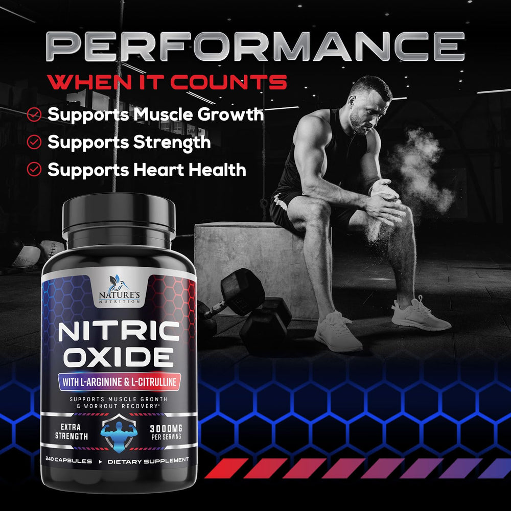 Nature's Nutrition Nitric Oxide Booster bottle emphasizes USA bottling.