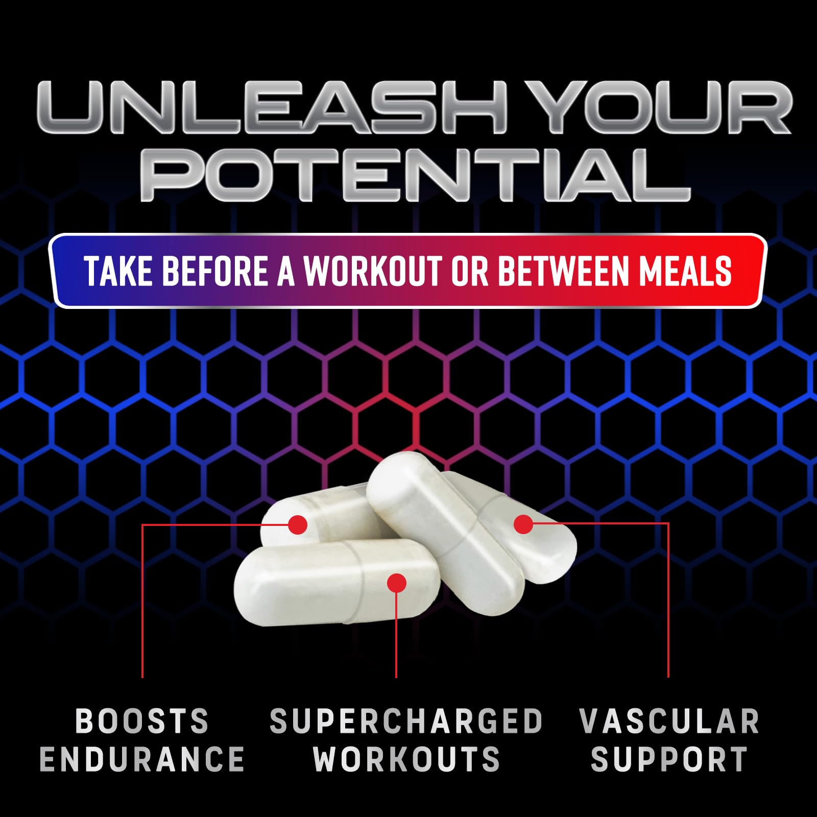 Nature's Nutrition Nitric Oxide Booster capsules on a bar show muscle support.
