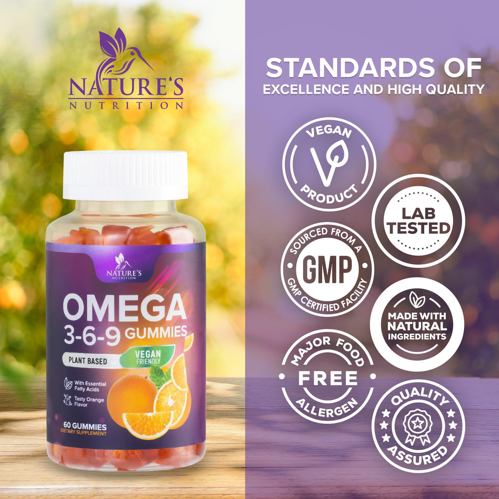 Nature's Nutrition Omega 3-6-9 Gummies label highlights vegan perilla oil and non-GMO claim