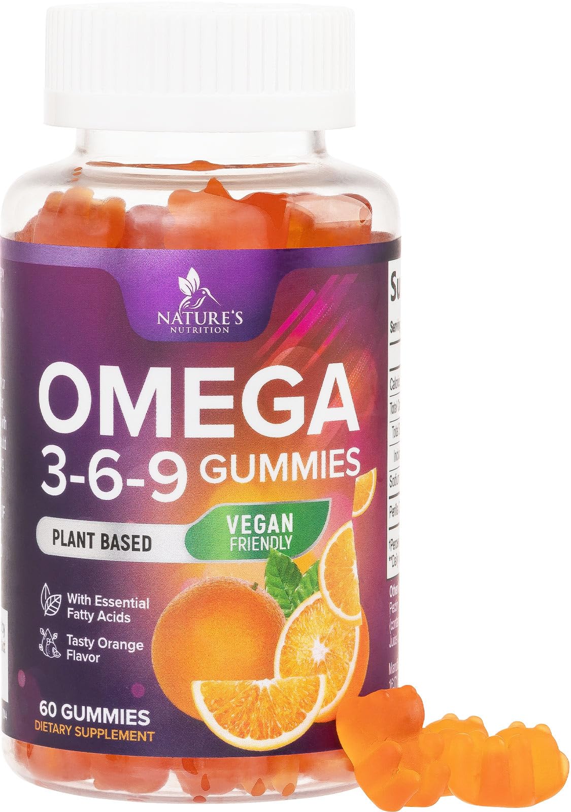 Nature's Nutrition Omega 3-6-9 Gummies orange bottle shows vegan formula for heart and brain support