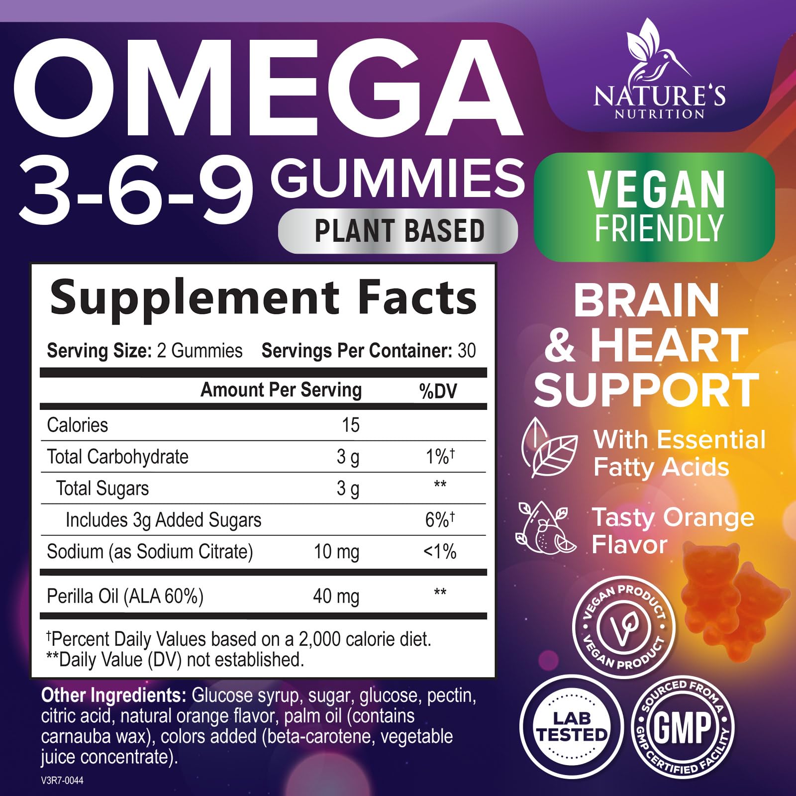 Serving two gummies of Nature's Nutrition Omega 3-6-9 Gummies for daily wellness