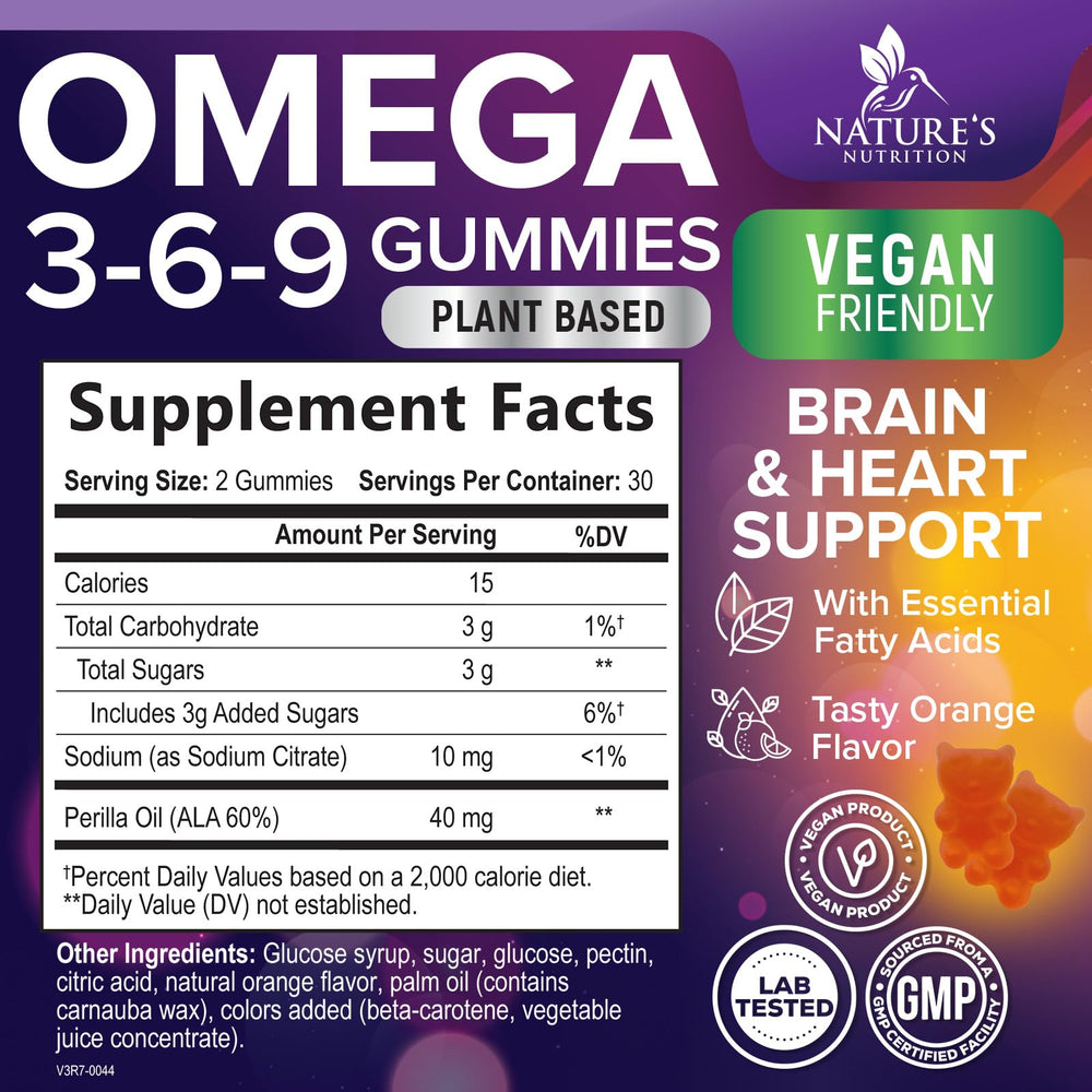 Serving two gummies of Nature's Nutrition Omega 3-6-9 Gummies for daily wellness